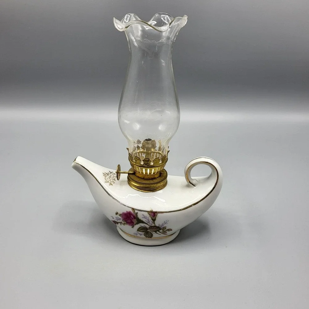Vtg Genie Aladdin Mini Porcelain Oil Lamp Moss Rose Gold Trim Japan 7.5